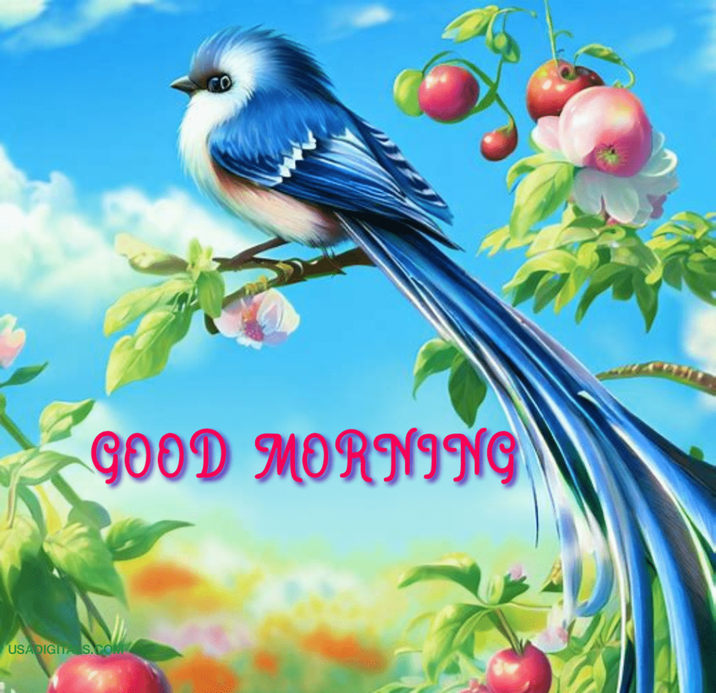Blue sparrow long tail garden apple tree blue sky good morning text 