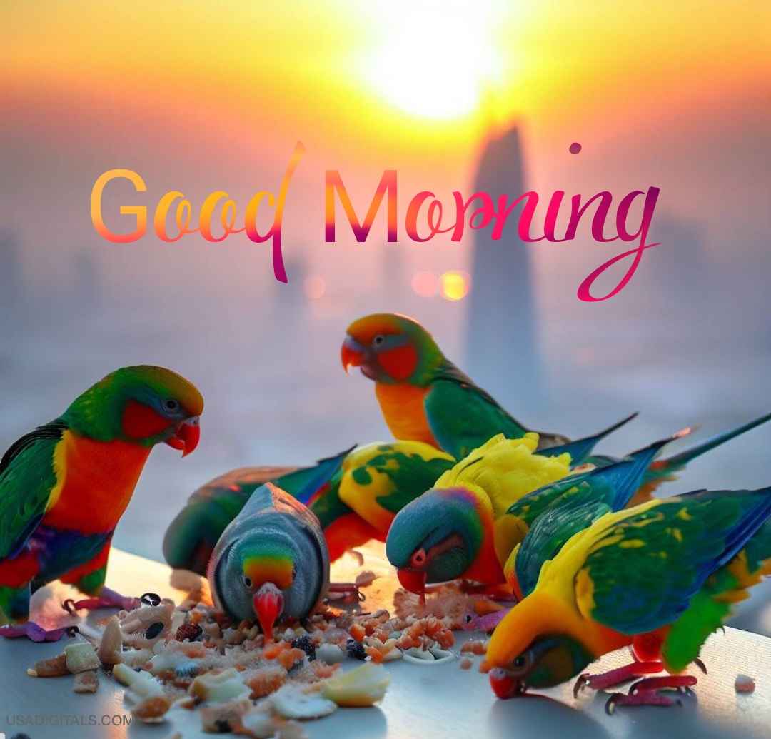 Multicolours parrots eating and sunrise Burj khalifa good Morning text message