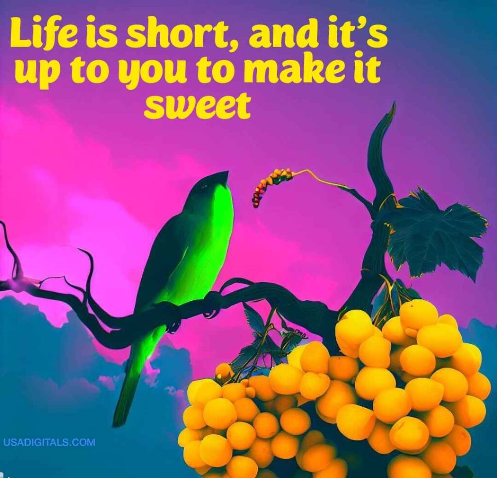 Green sparrow on yellow Grapes tree blue and pink sky life quotes text
