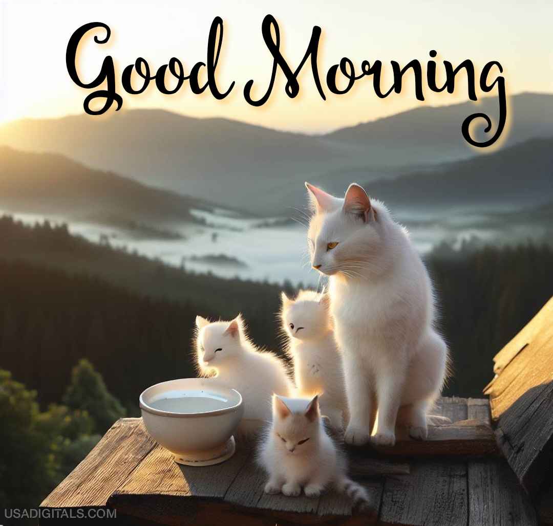 White cat with cubs milk in bowl and wooden house top mountains good Morning Message