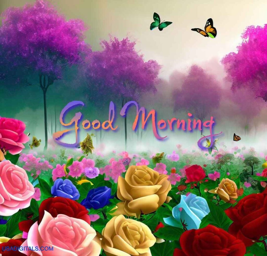 Multicolours roses trees butterflies good Morning texts 