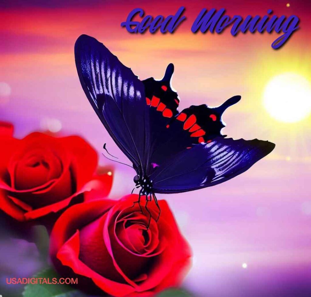 Blue butterfly on red rose sunrise good morning text