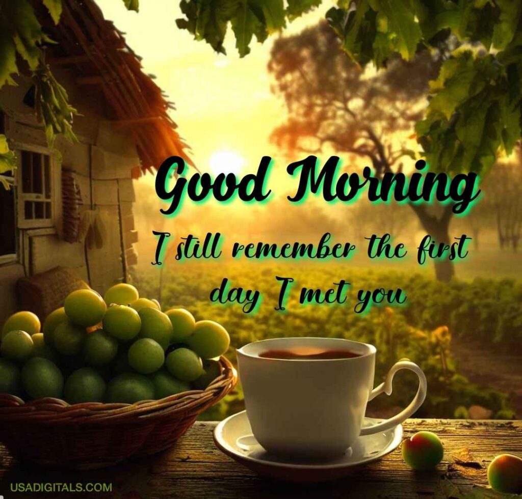 Green mango in basket tea cup sunrise grapes tree wooden house good Morning Wishes 
