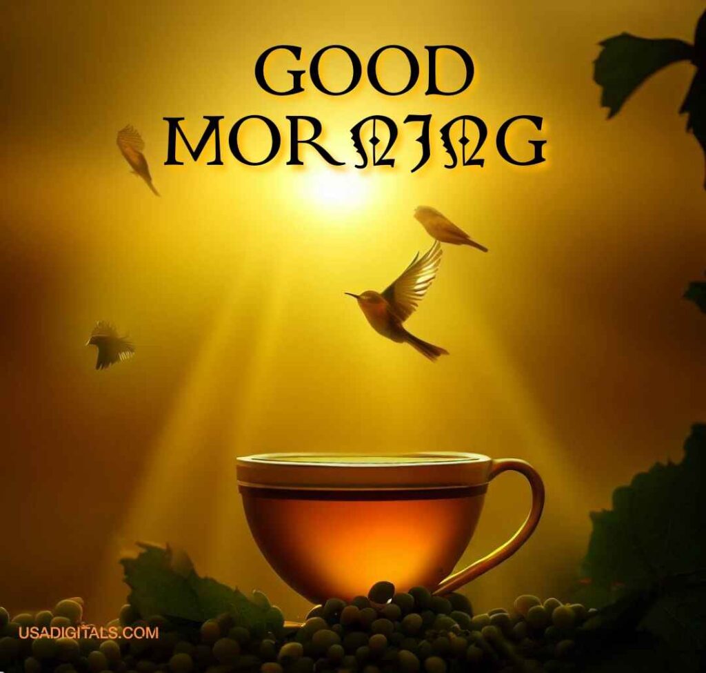 Tea cup sunrise grapes little yellow sparrows flying good Morning Message 