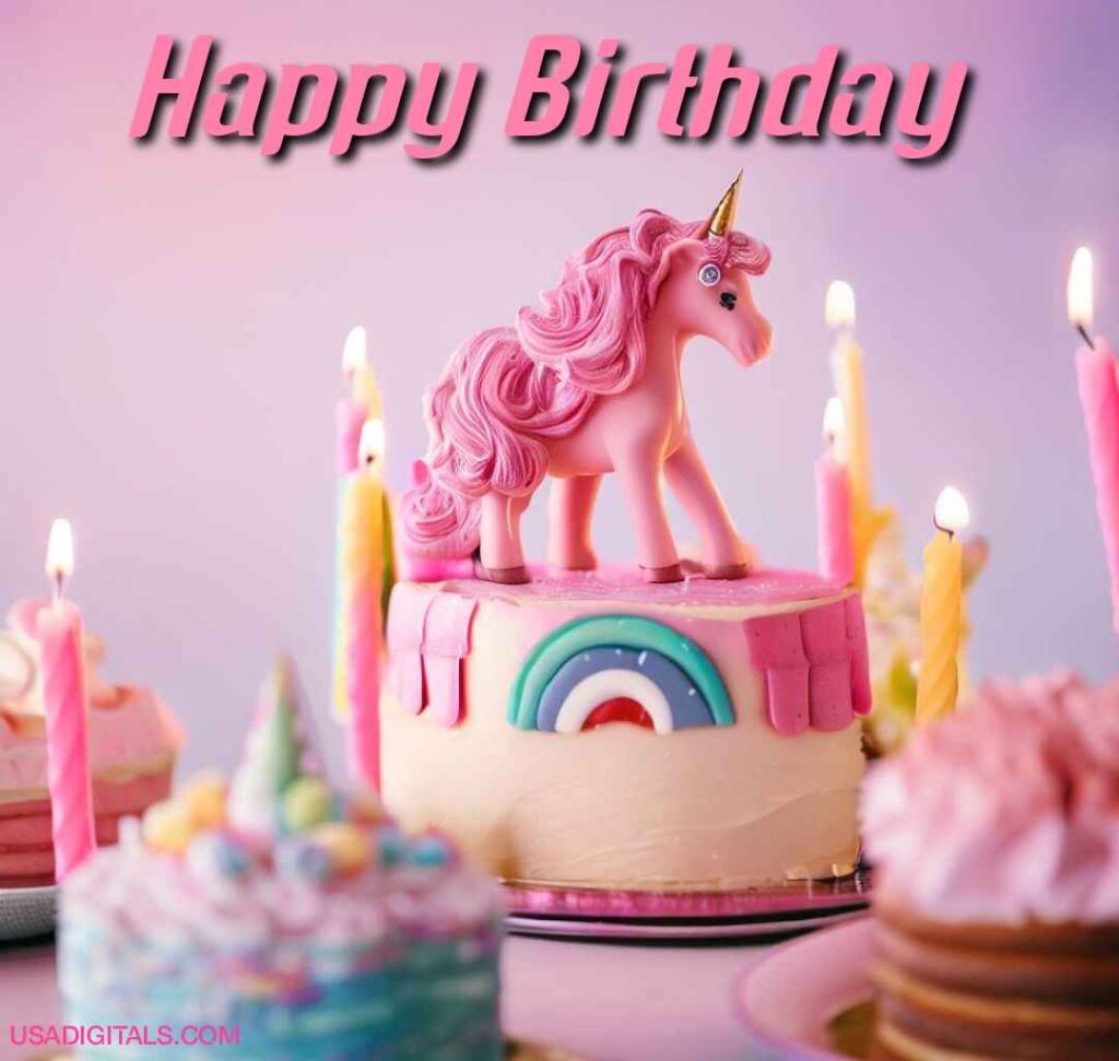 Pink unicorn on birthday cake candles with happy Birthday text