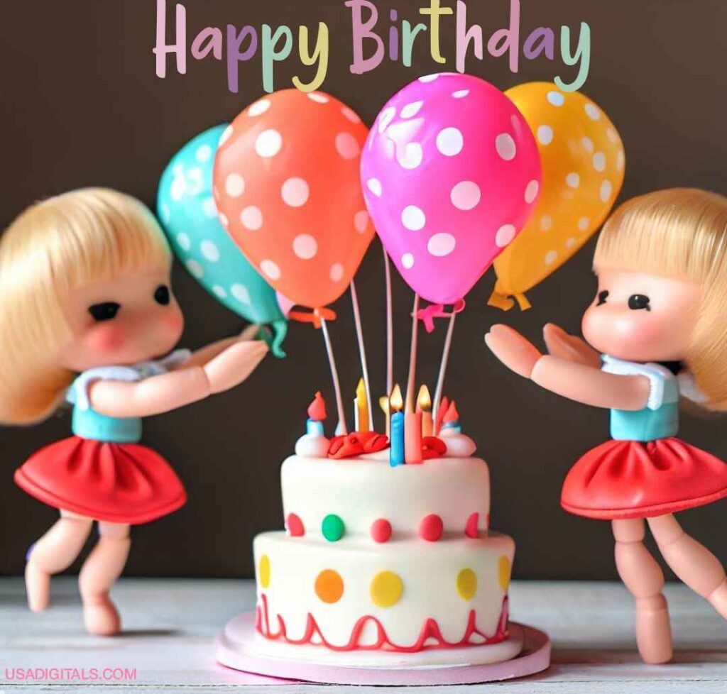 Two dolls happy Birthday Wishing with birthday cake and Bloons