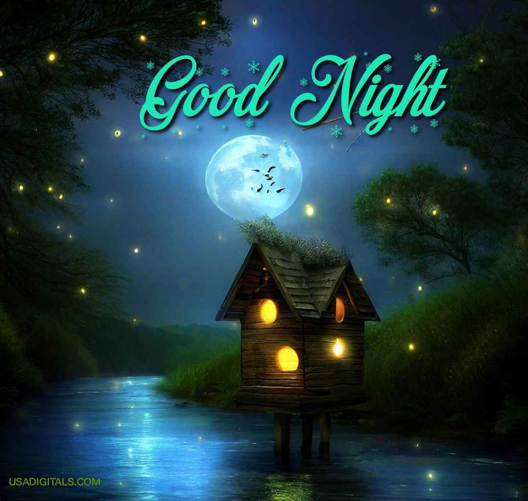 River water moon Glowing small wooden house fireflies in good night