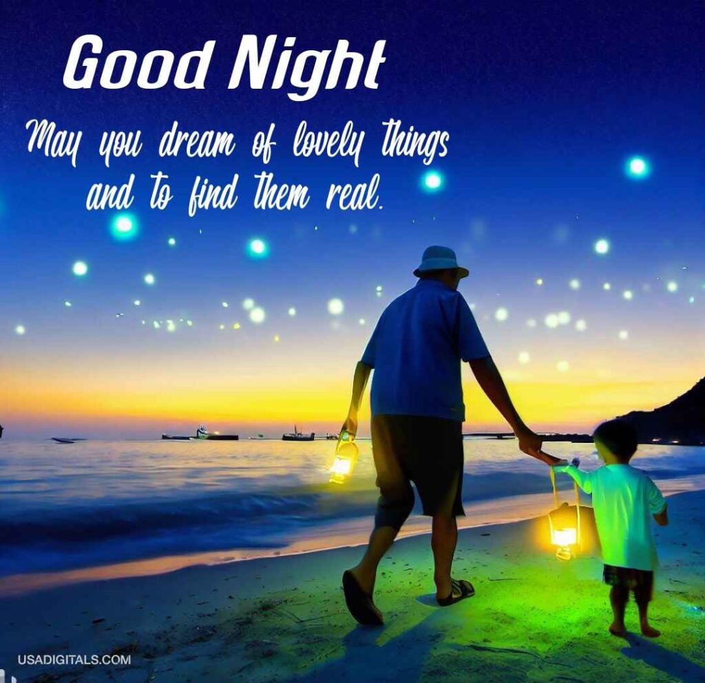 Grandfather with her son on beach candles Stars shining in good night 