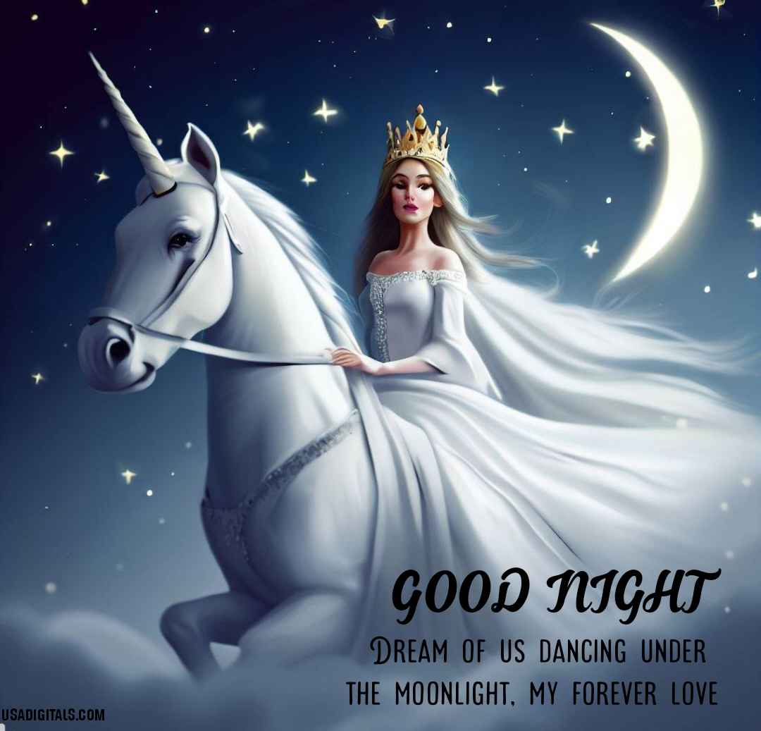 Princess in white dress riding on white unicorn moon and stars glowing in good night