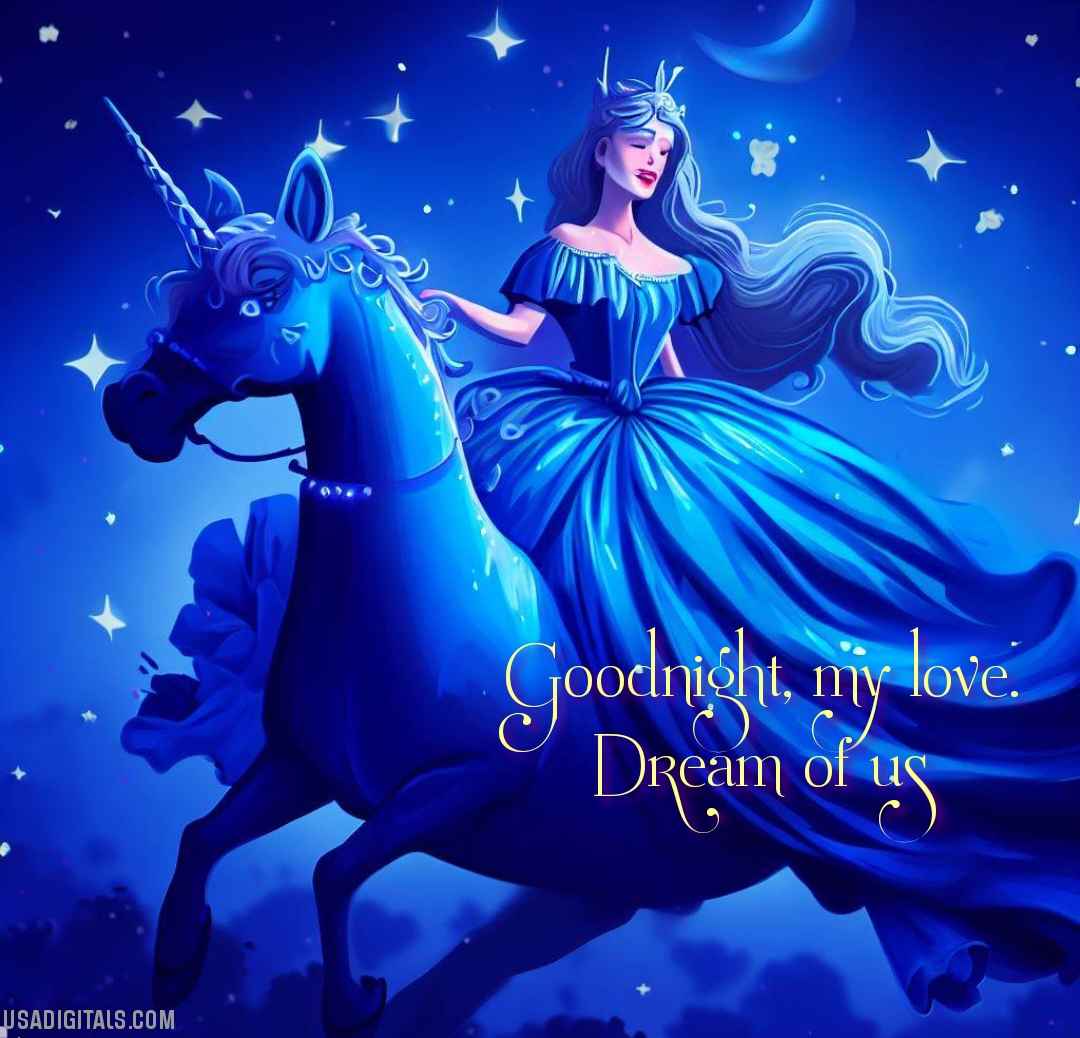 Princess in blue dress riding on blue unicorn stars shining in good night