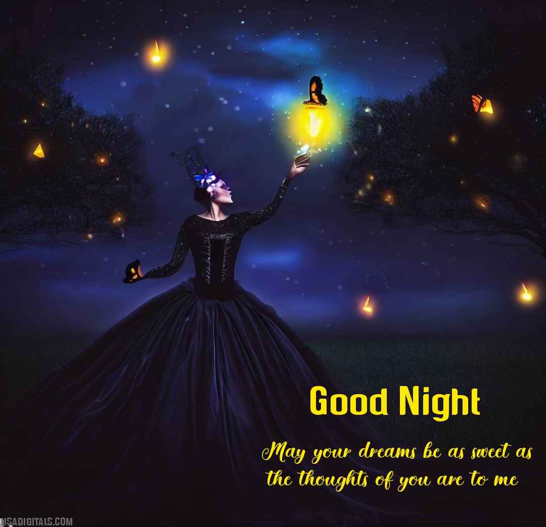 Princess in black dressing catching fireflies in good night