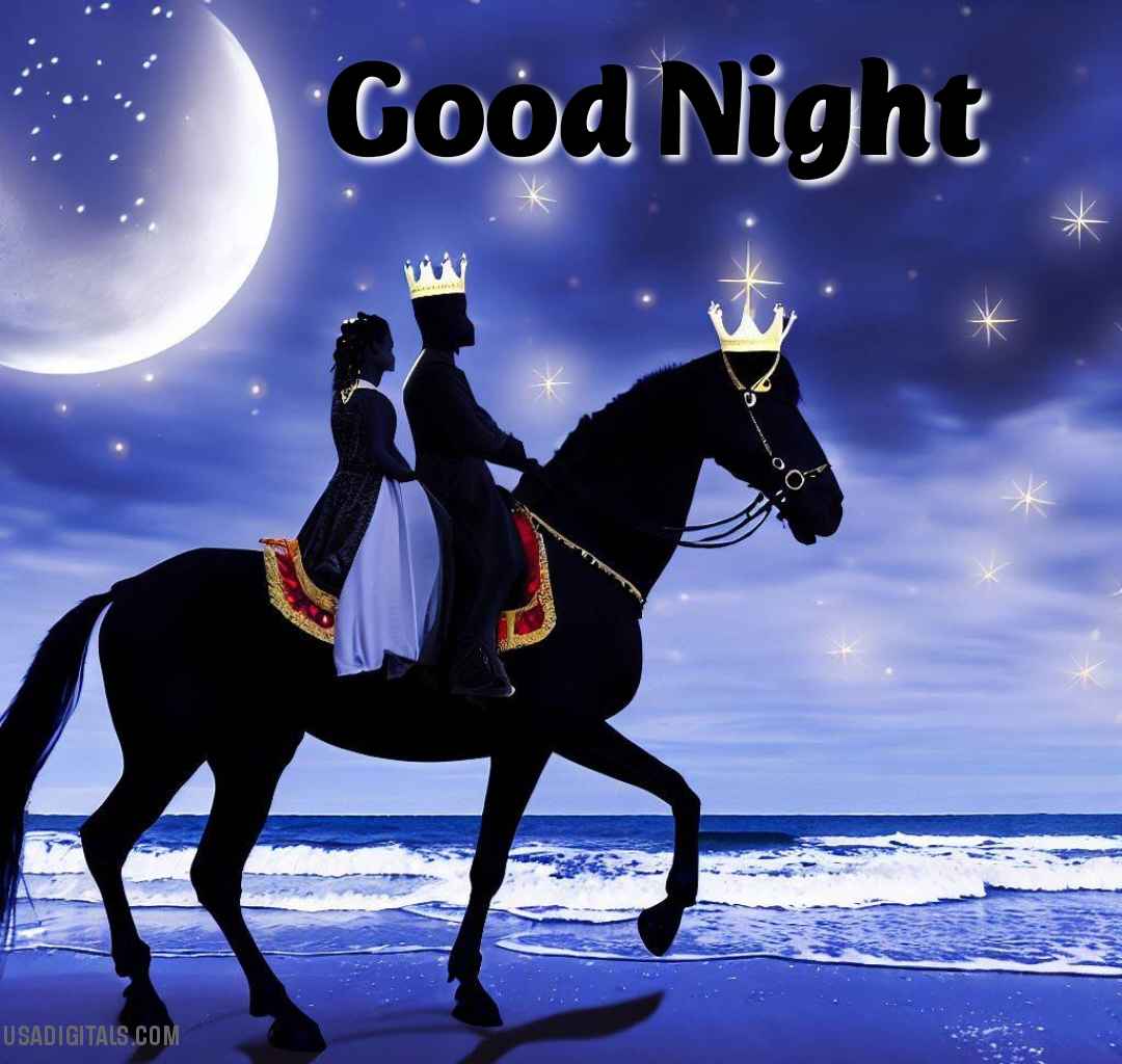King and queen riding on black horse beach moon stars shining in good night