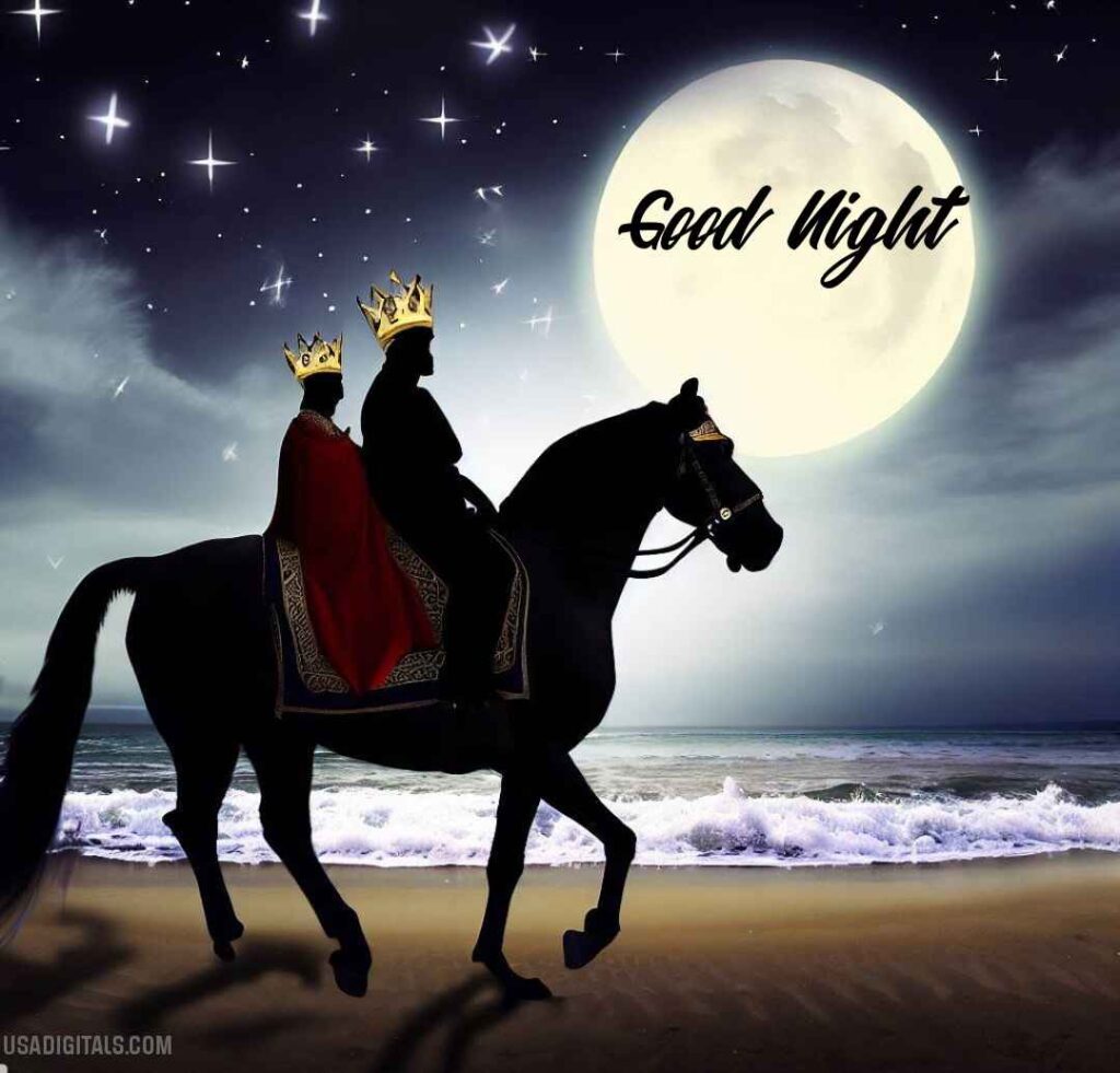 King and queen riding on black horse beach moon stars shining in good night 