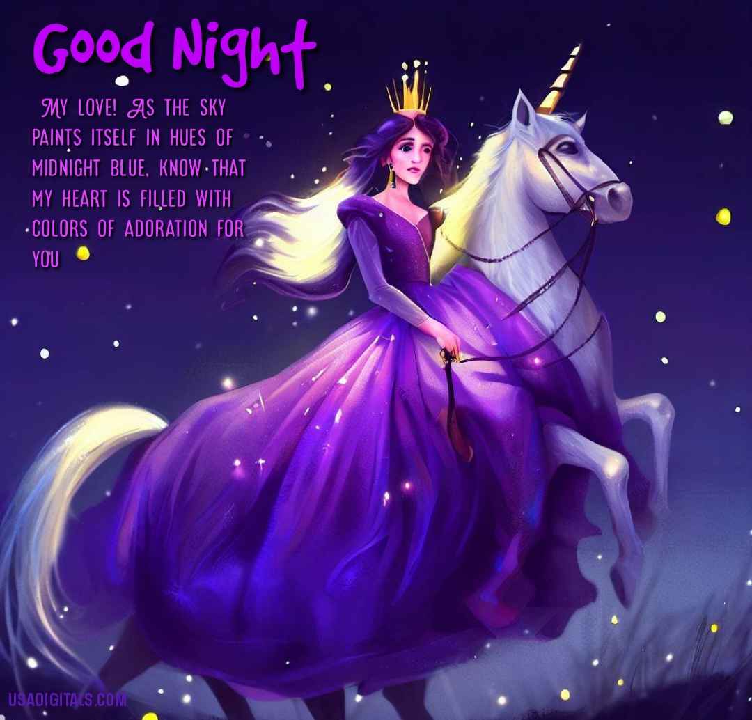Princess in purple dressing riding on white unicorn stars shining in good night
