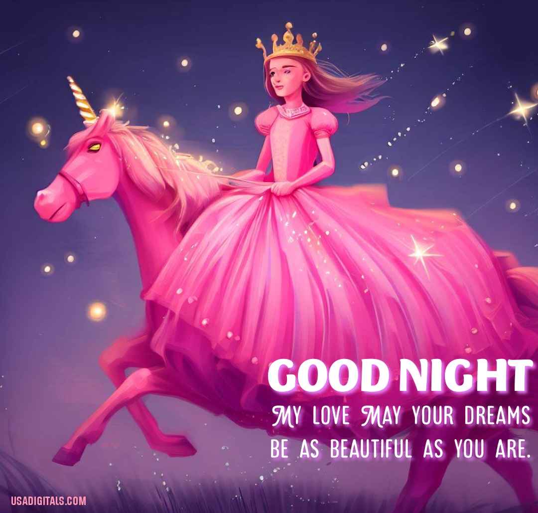 Queen pink dressing riding on pink unicorn stars shining in good night