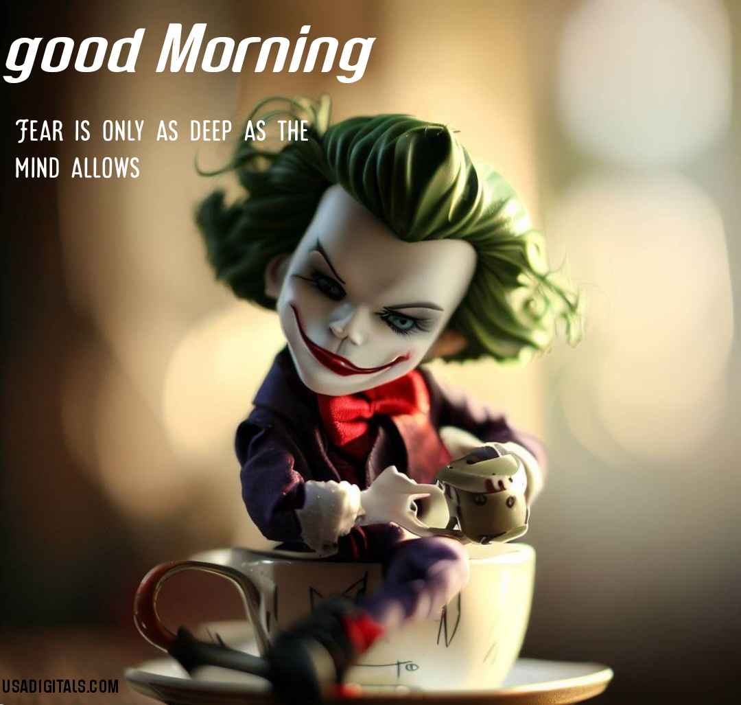 Green hair Joker sit on tea cup good Morning