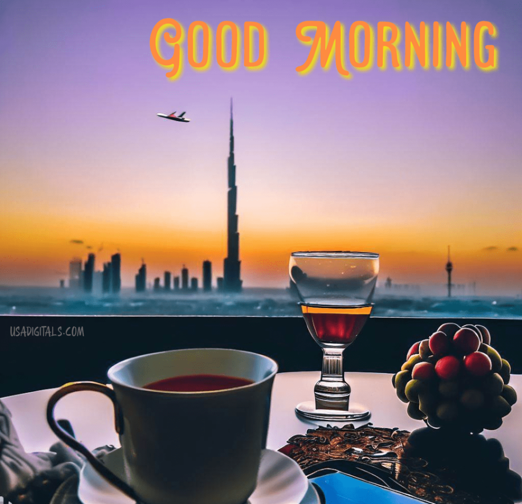 Tea cup sunrise grapes cell phone Burj khalifa airplane good morning Wishes 