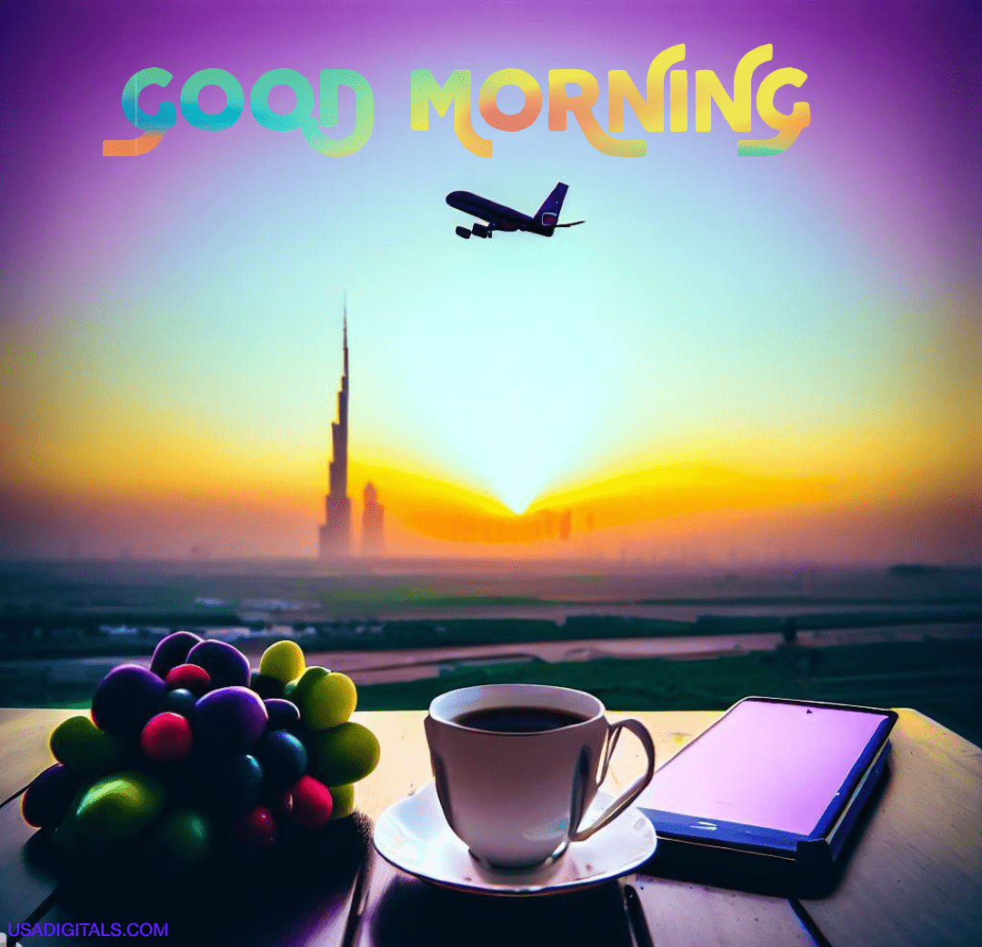Tea cup sunrise grapes cell phone Burj khalifa airplane good Morning text
