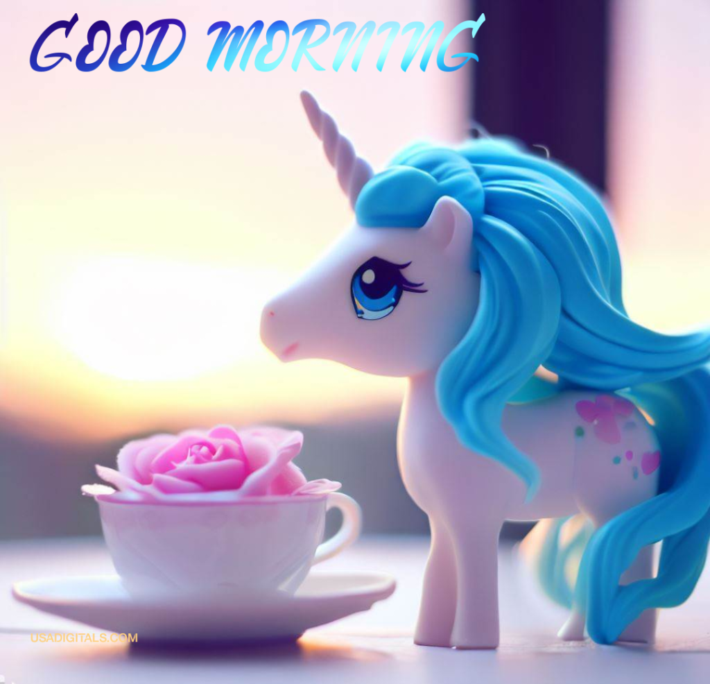 Pink rose tea cup white unicorn blue hair sunrise good morning text 