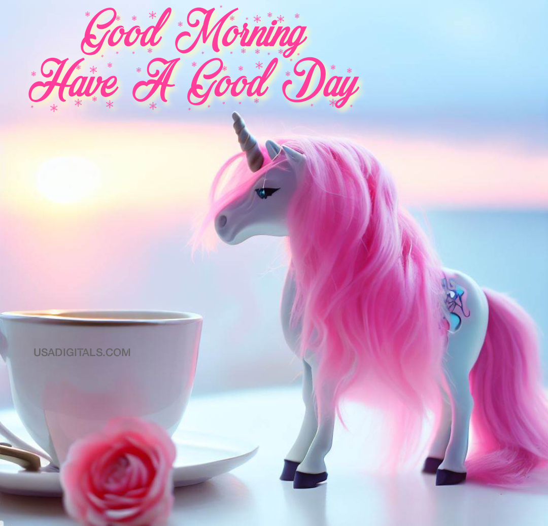 Tea cup sunrise white unicorn pink hair pink rose good morning Wishes