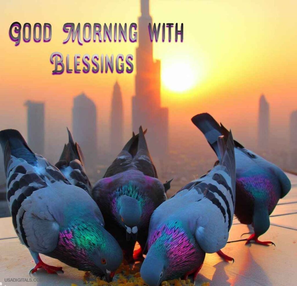 Grey peagions eating and sunrise Burj khalifa good morning blessings text