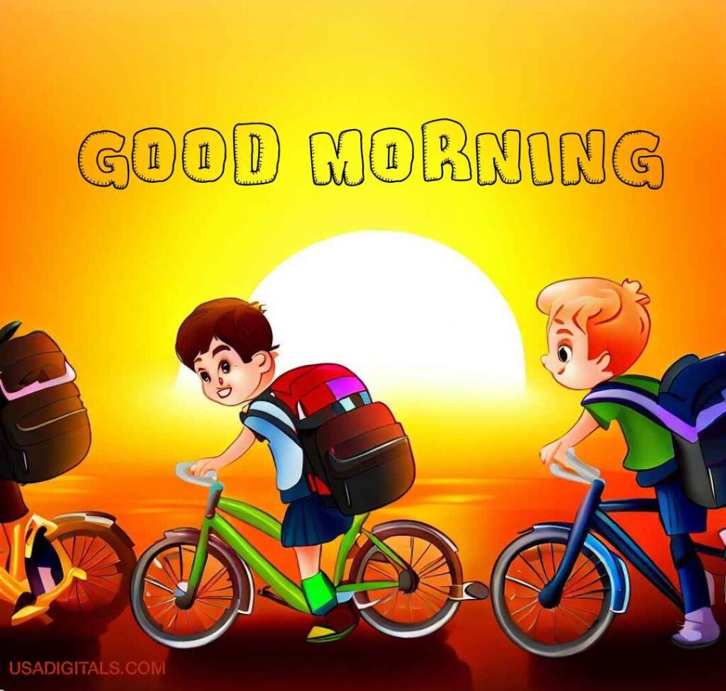 Childrens going to school on cycles sunrise good morning text