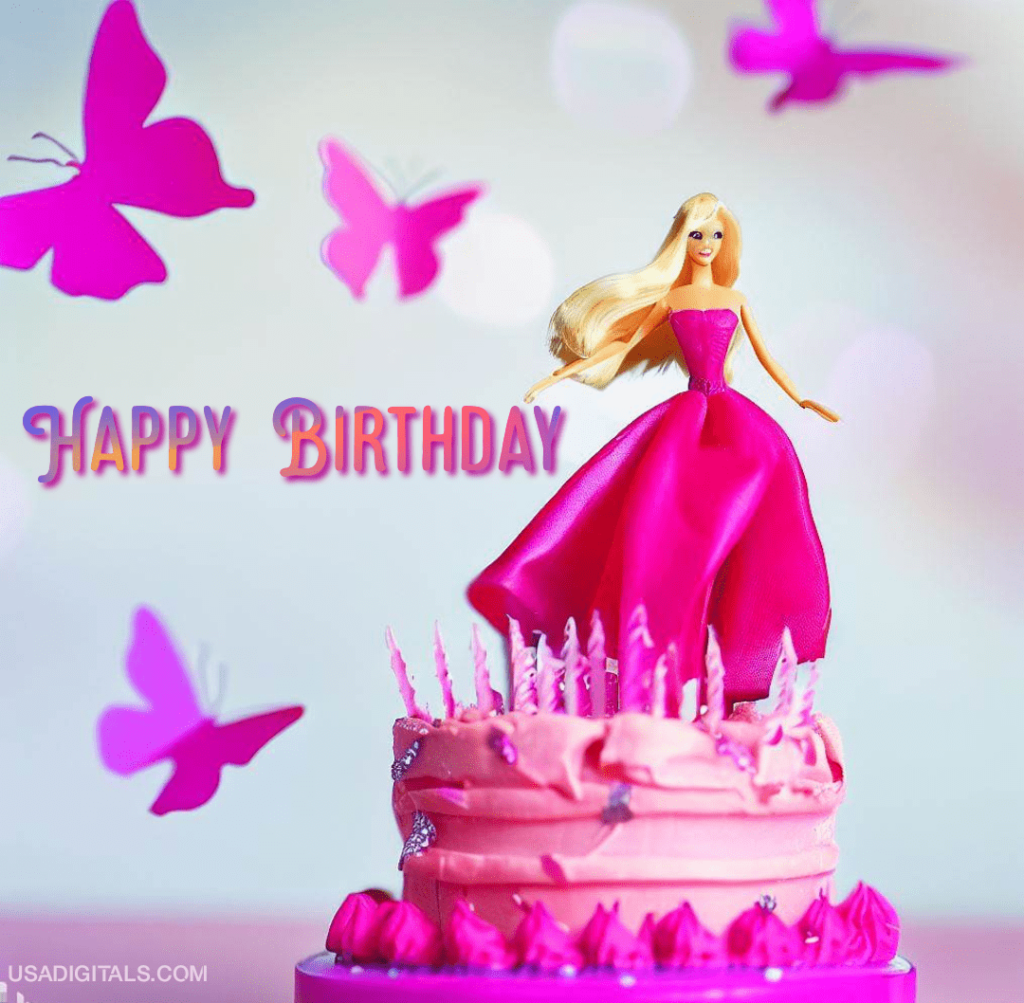 Pink Barbie doll cake and butterflies happy Birthday Wishes text