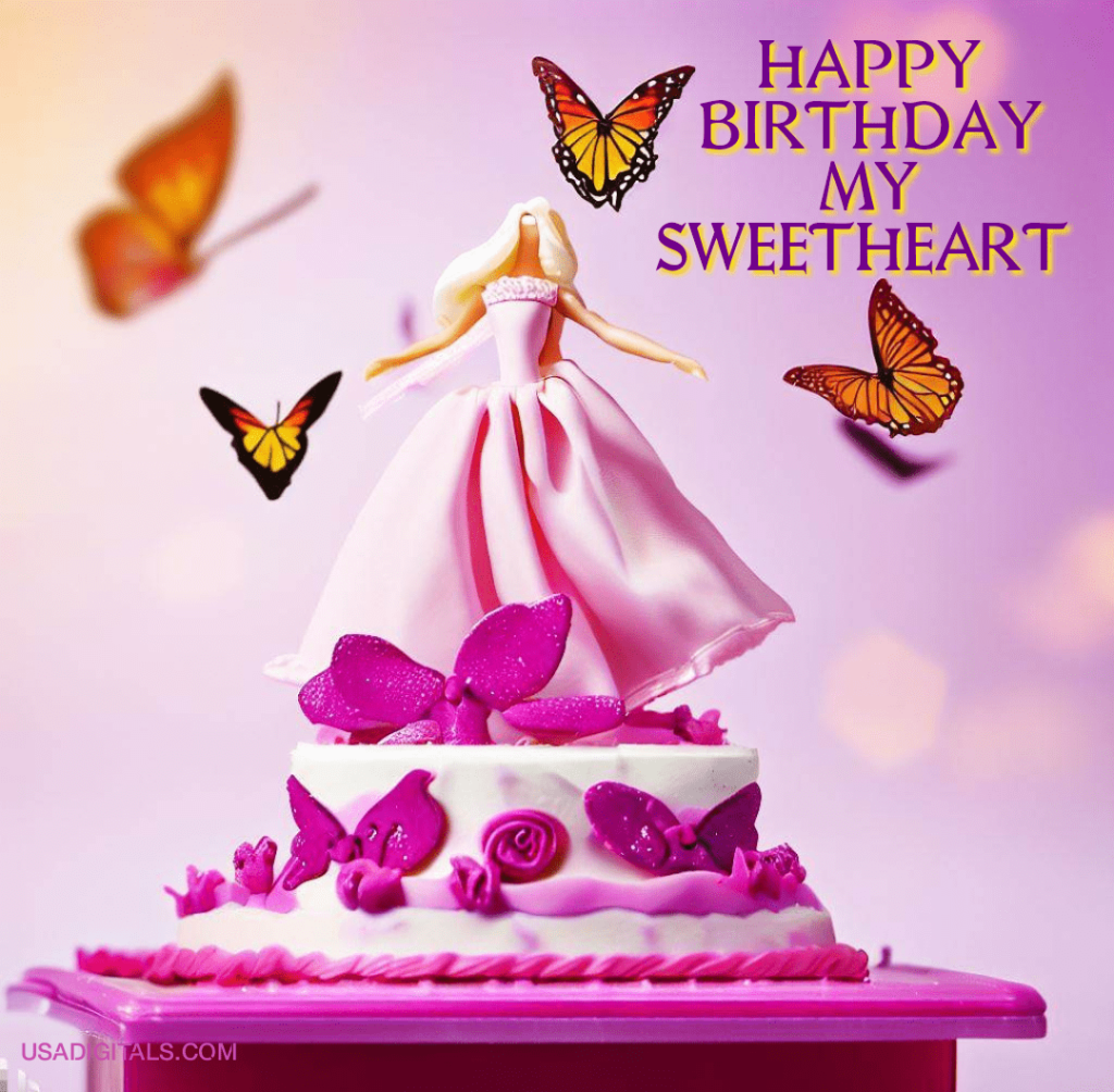 Pink Barbie doll birthday cake and butterflies happy Birthday Wishes text