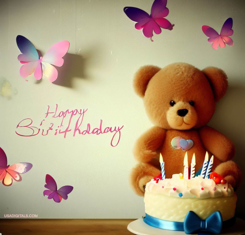 Teddy bear birthday cake candles and butterflies happy Birthday Wishes text