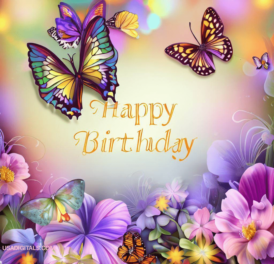 Multicolours flowers and butterflies happy Birthday text