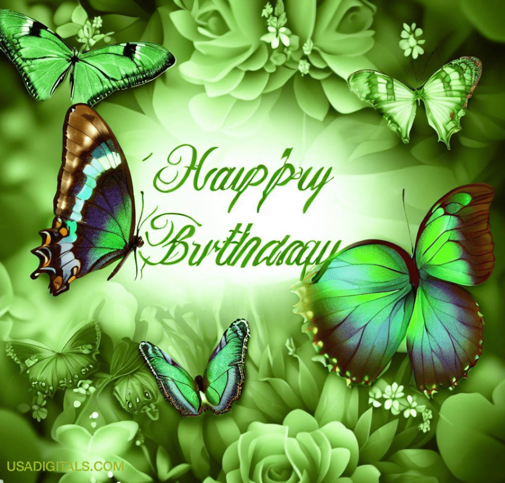 Green butterflies brown spots in green garden happy Birthday Wishes text 