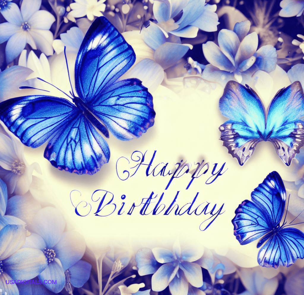 Blue butterflies and flowers happy Birthday text
