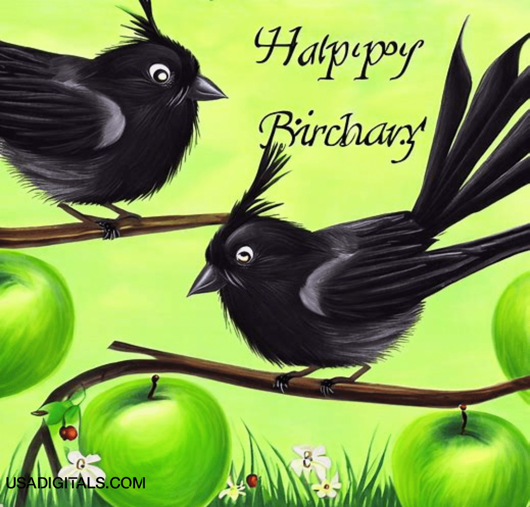 Two black sparrows on Apple tree happy Birthday text