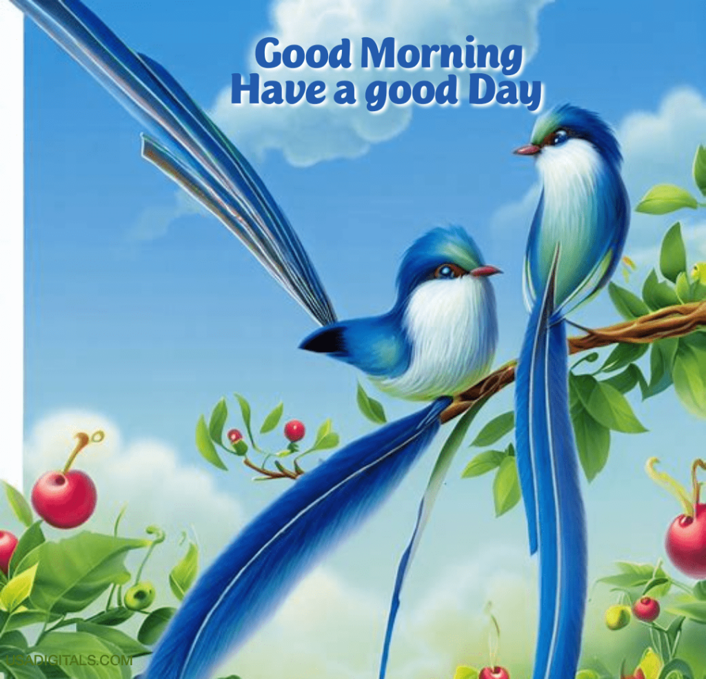 Blue sparrows long tails Apple tree blue sky good morning Wishes text