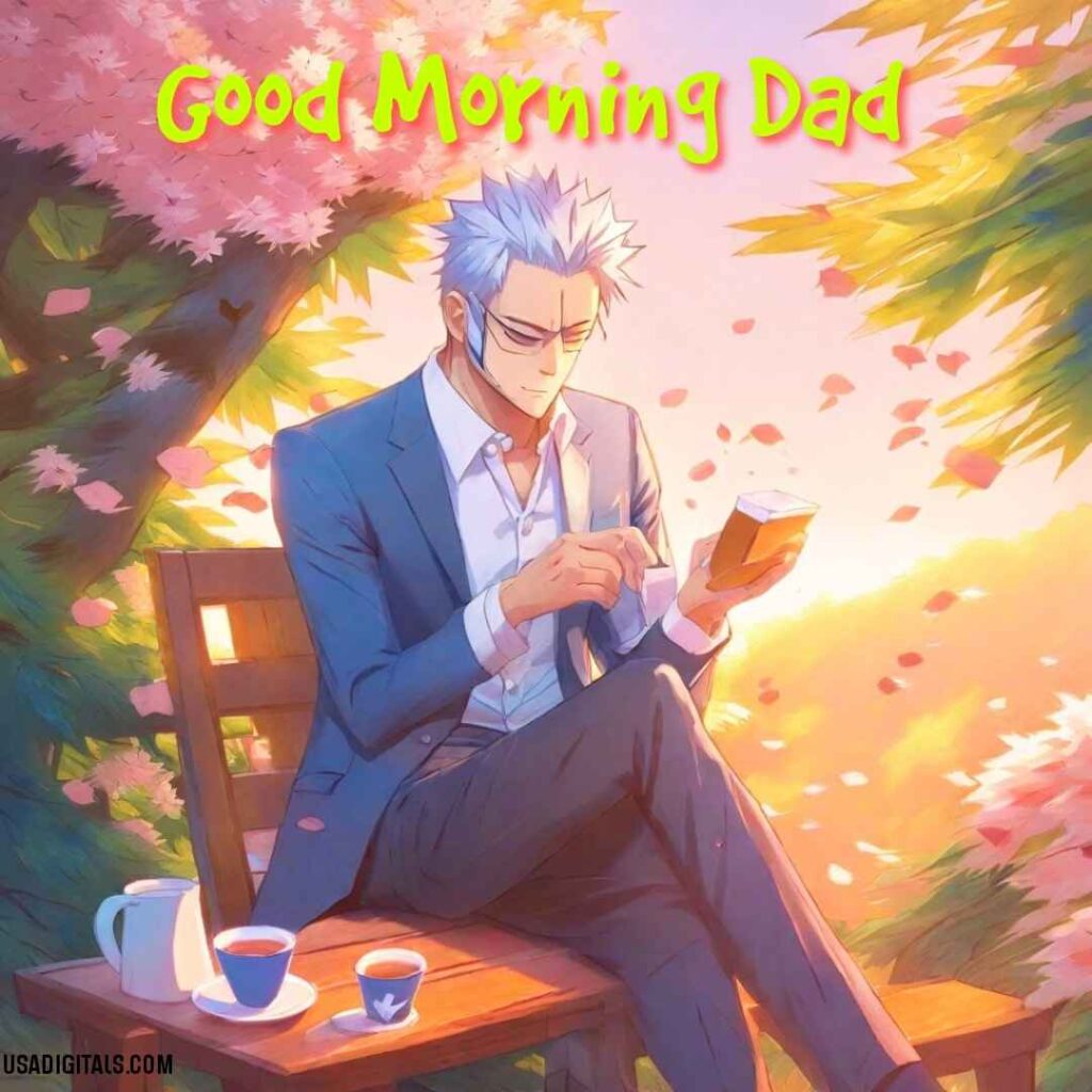 Dad drinking tea in garden sunrise in good Morning 